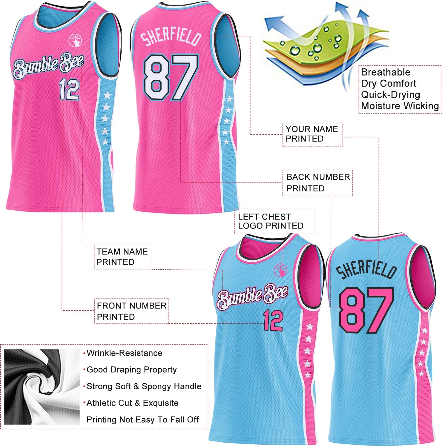 Custom Reversible Pink White Sky Blue-Black Double Side Star Sublimation Basketball Set Jersey view 5