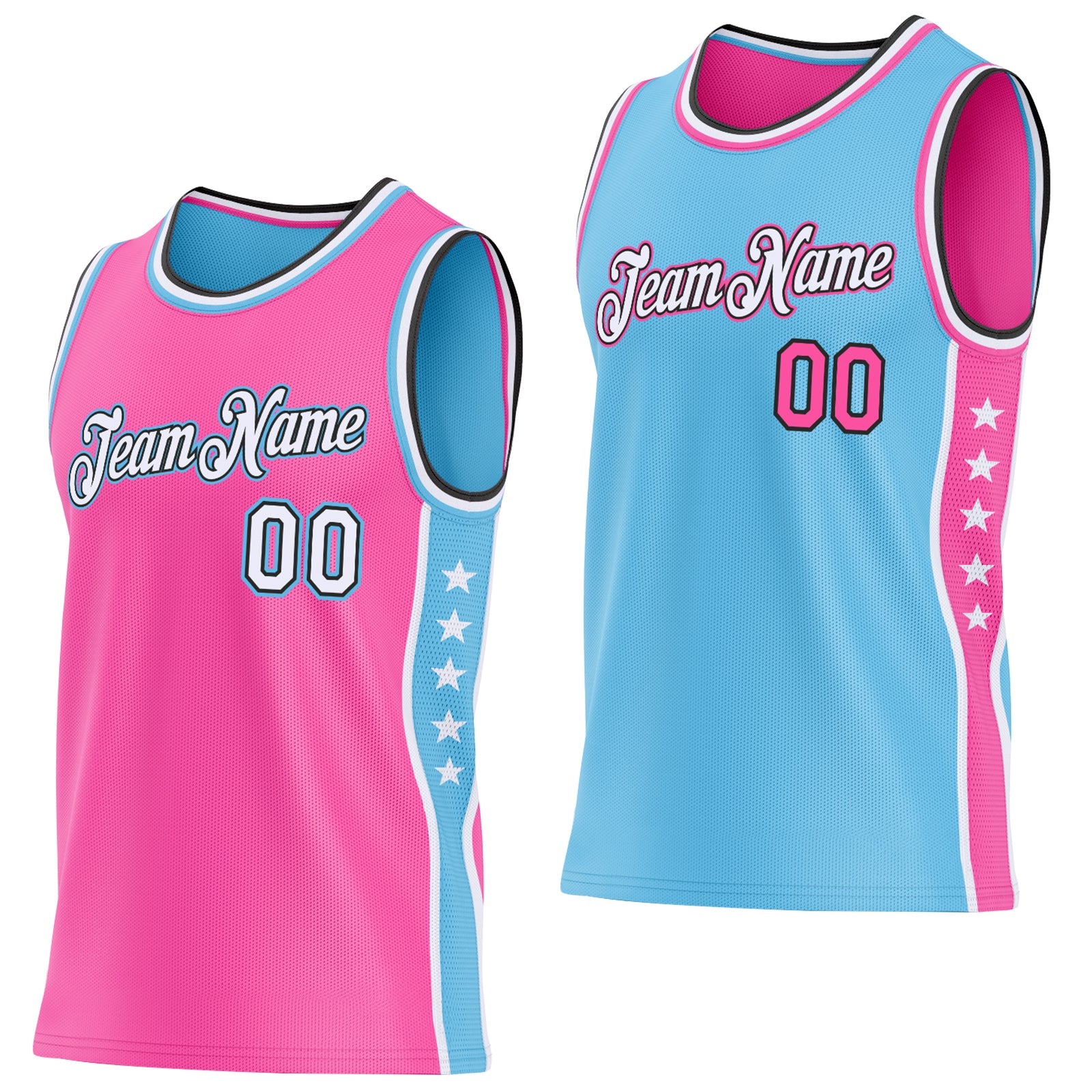 Custom Reversible Pink White Sky Blue-Black Double Side Star Sublimation Basketball Set Jersey - Main View