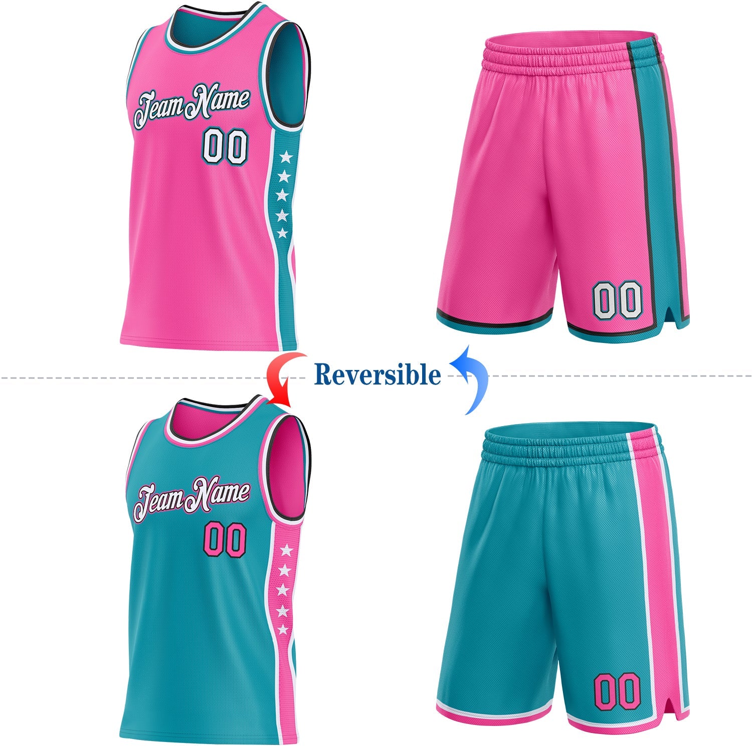 Custom Reversible Pink White Teal-Black Double Side Star Sublimation Basketball Set Jersey view 2