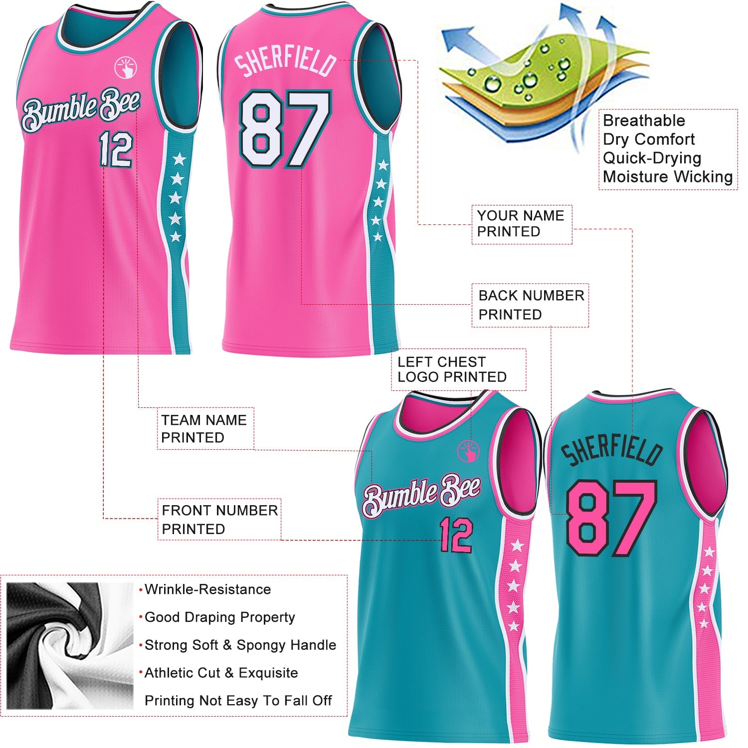 Custom Reversible Pink White Teal-Black Double Side Star Sublimation Basketball Set Jersey view 5