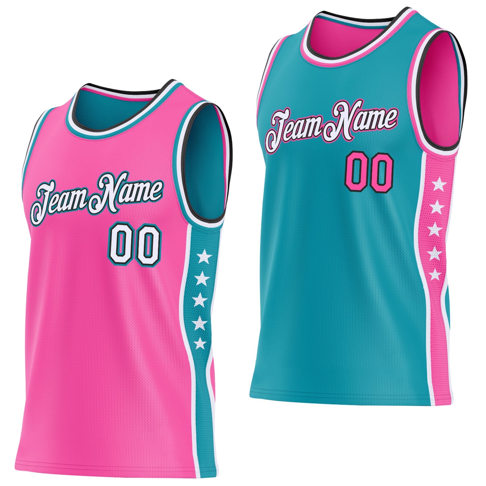 Custom Reversible Pink White Teal-Black Double Side Star Sublimation Basketball Set Jersey - Main View