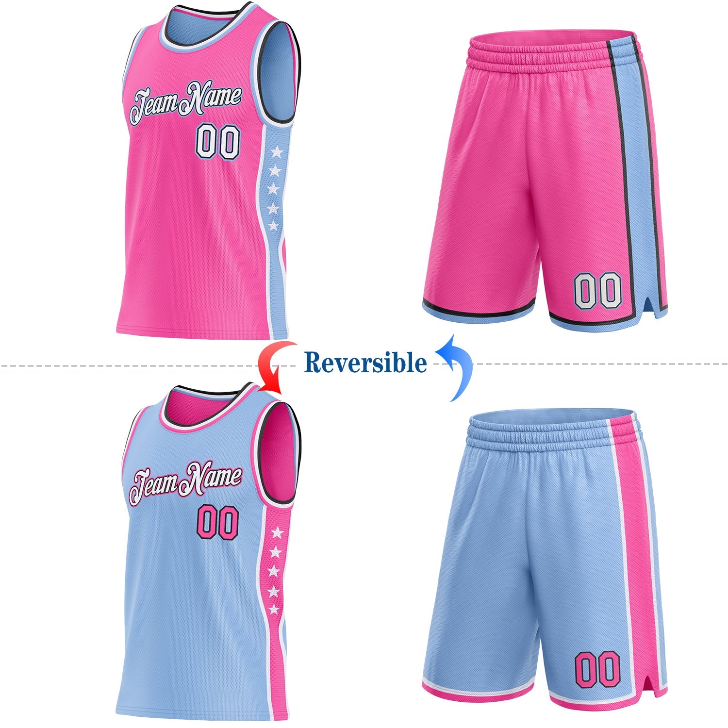 Custom Reversible Pink White Light Blue-Black Double Side Star Sublimation Basketball Set Jersey view 2