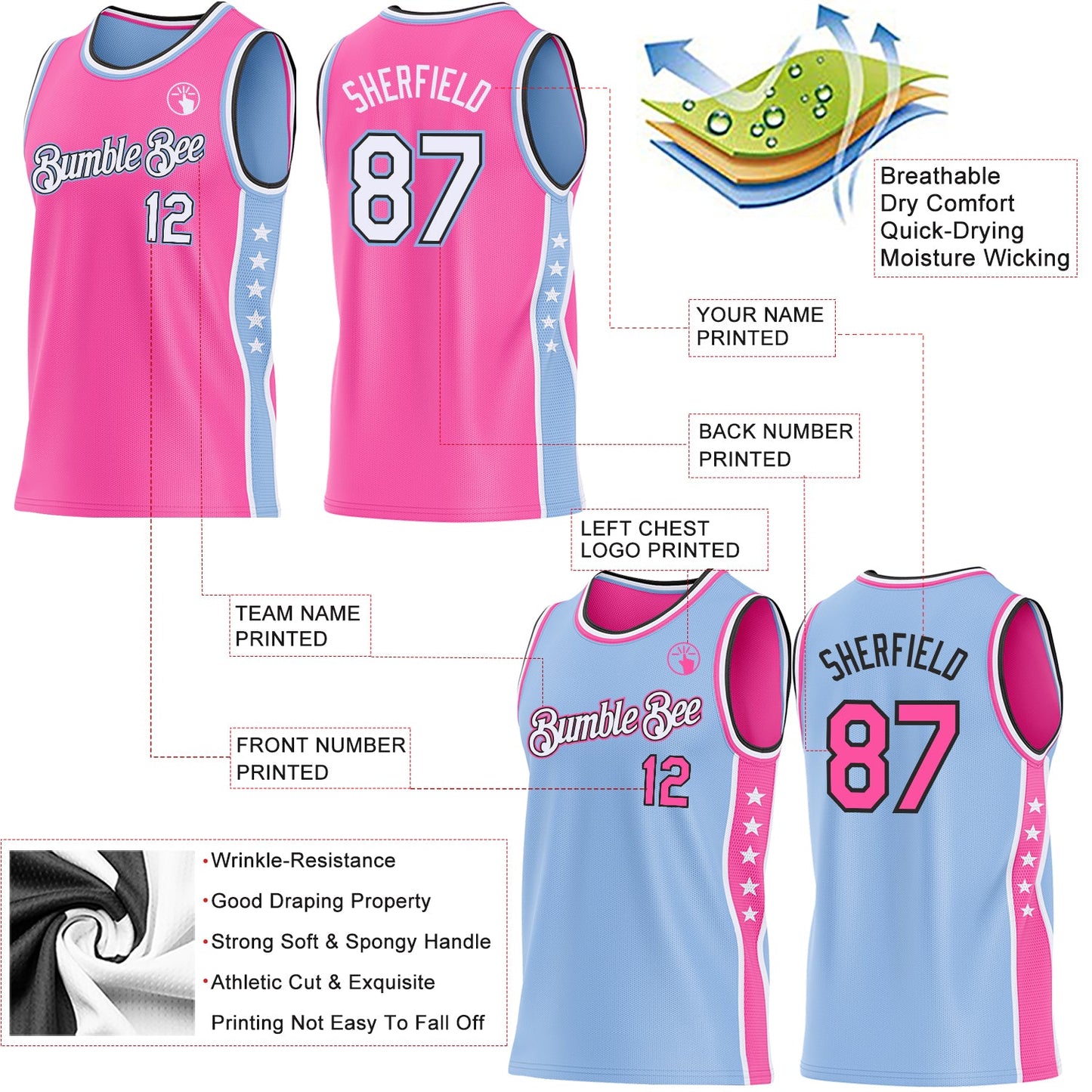 Custom Reversible Pink White Light Blue-Black Double Side Star Sublimation Basketball Set Jersey view 5