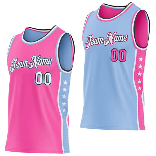 Custom Reversible Pink White Light Blue-Black Double Side Star Sublimation Basketball Set Jersey - Main View