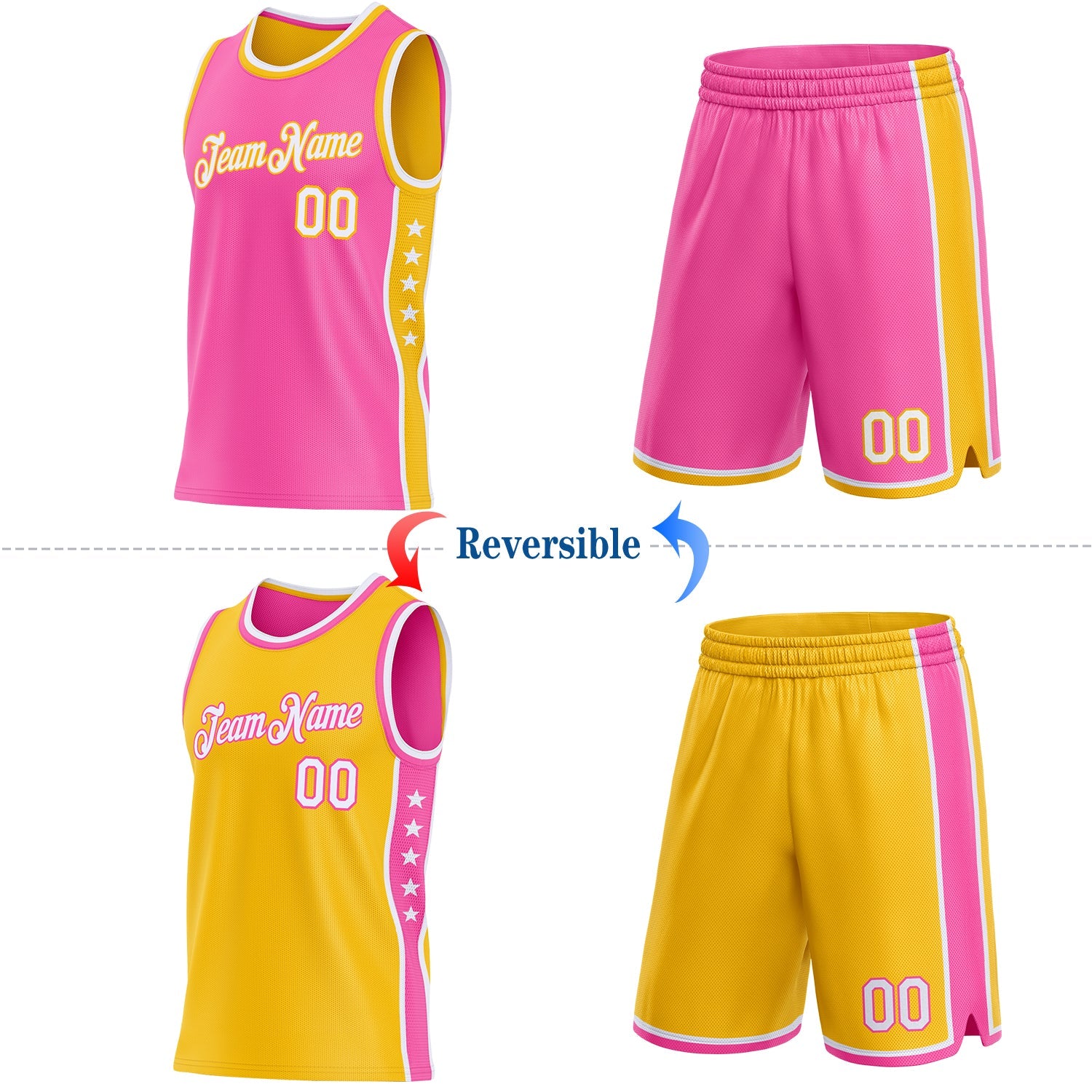 Custom Reversible Pink White-Gold Double Side Star Sublimation Basketball Set Jersey view 2