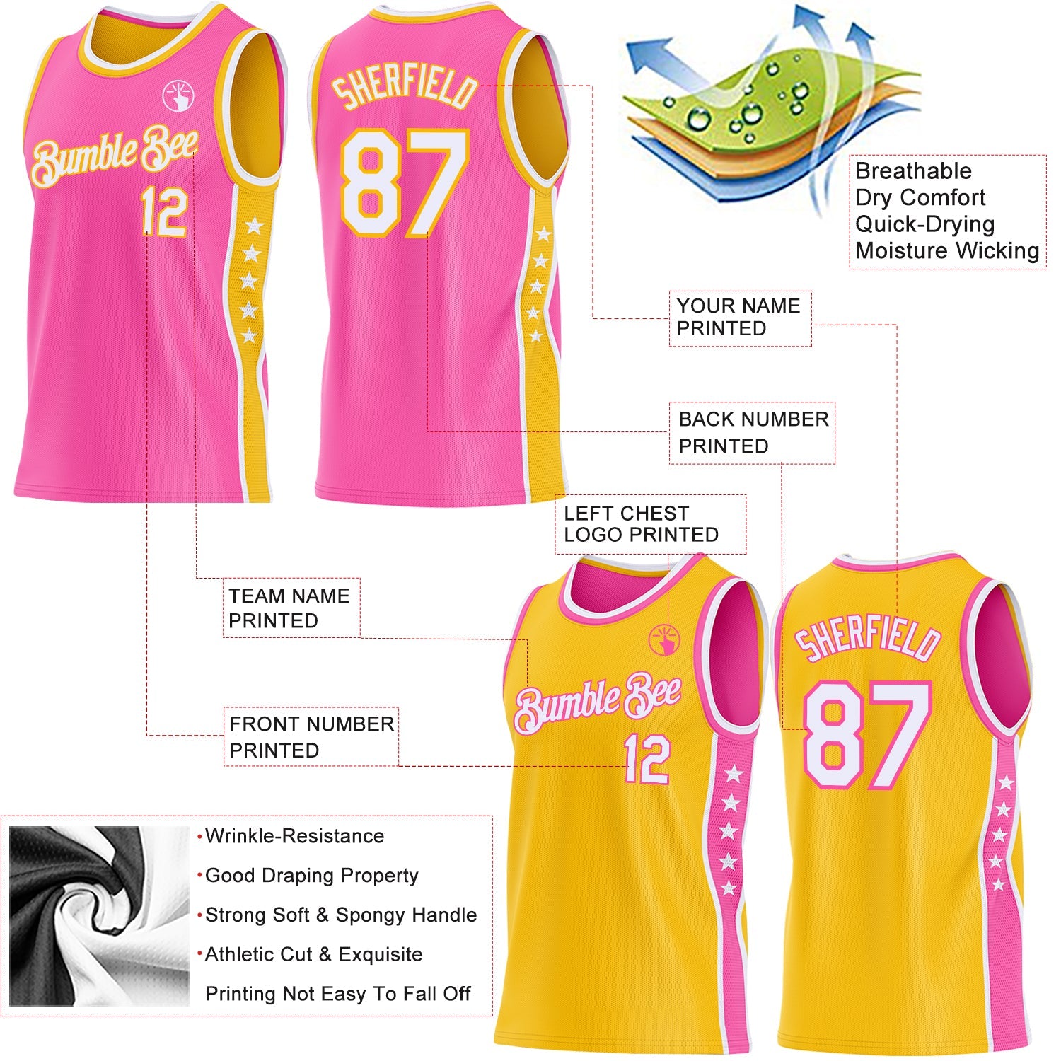 Custom Reversible Pink White-Gold Double Side Star Sublimation Basketball Set Jersey view 5