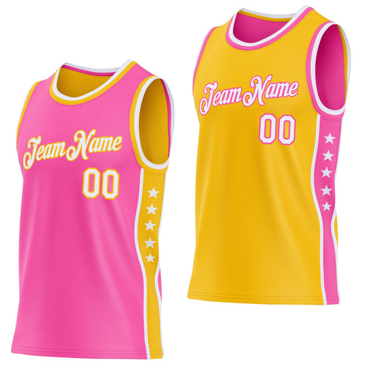 Custom Reversible Pink White-Gold Double Side Star Sublimation Basketball Set Jersey - Main View