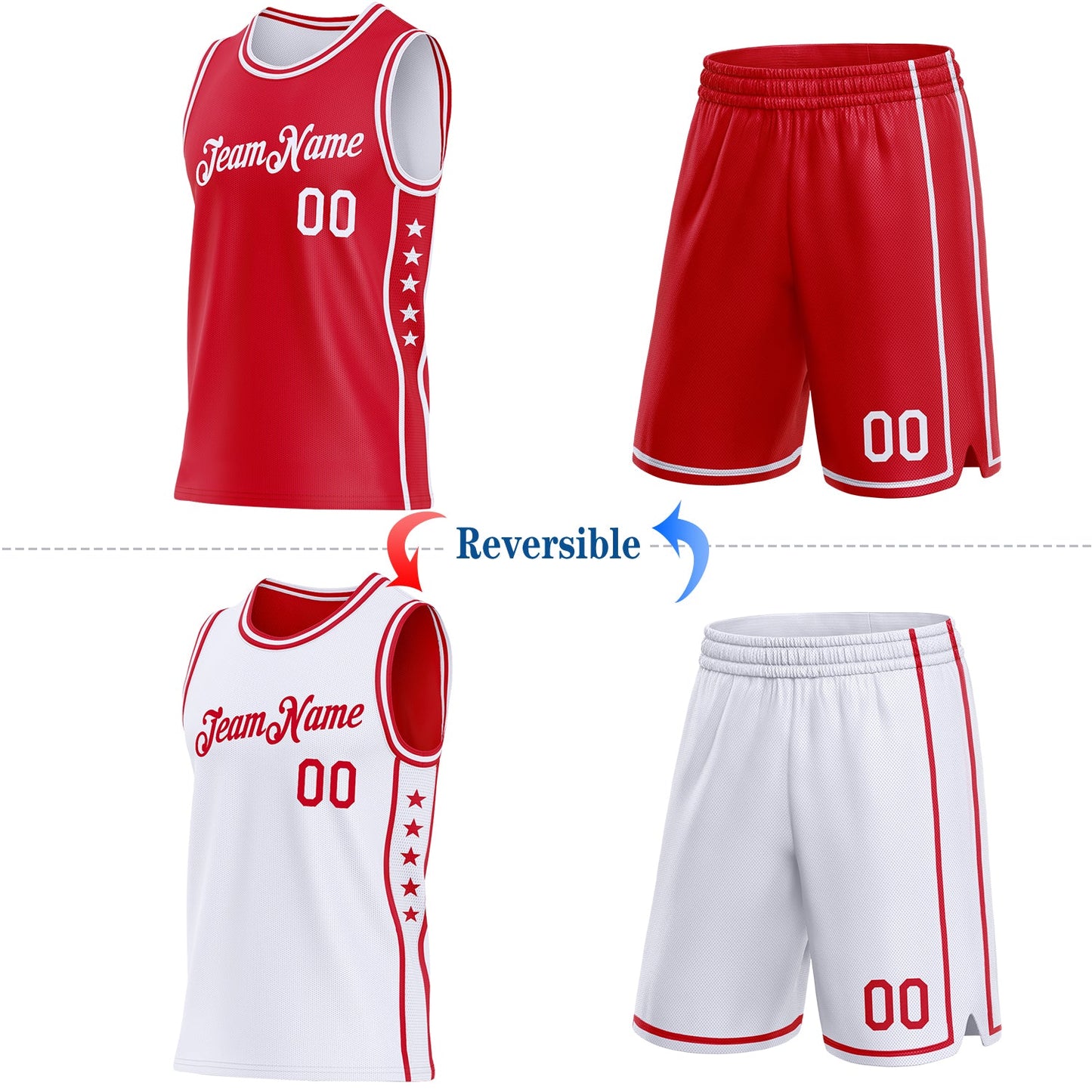 Custom Reversible Red White Double Side Star Sublimation Basketball Set Jersey view 2
