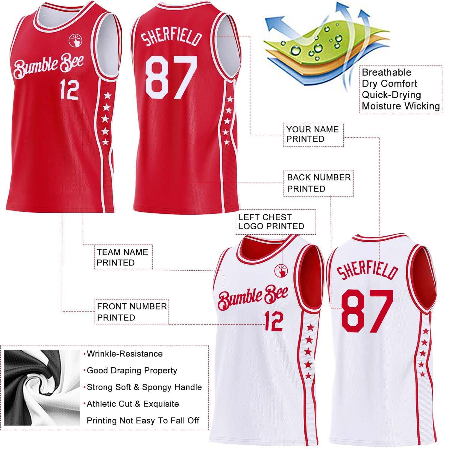 Custom Reversible Red White Double Side Star Sublimation Basketball Set Jersey view 5