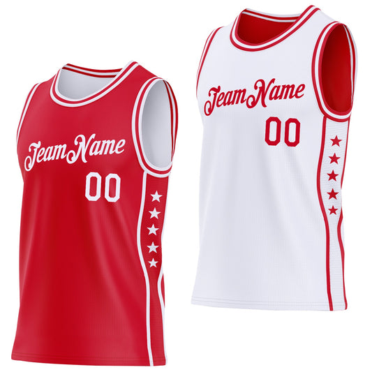 Custom Reversible Red White Double Side Star Sublimation Basketball Set Jersey - Main View