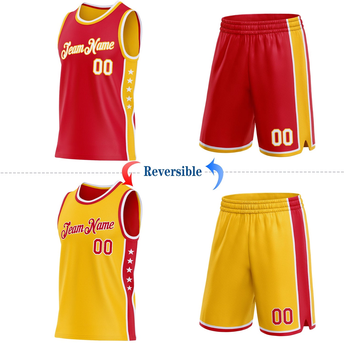 Custom Reversible Red White-Gold Double Side Star Sublimation Basketball Set Jersey view 2