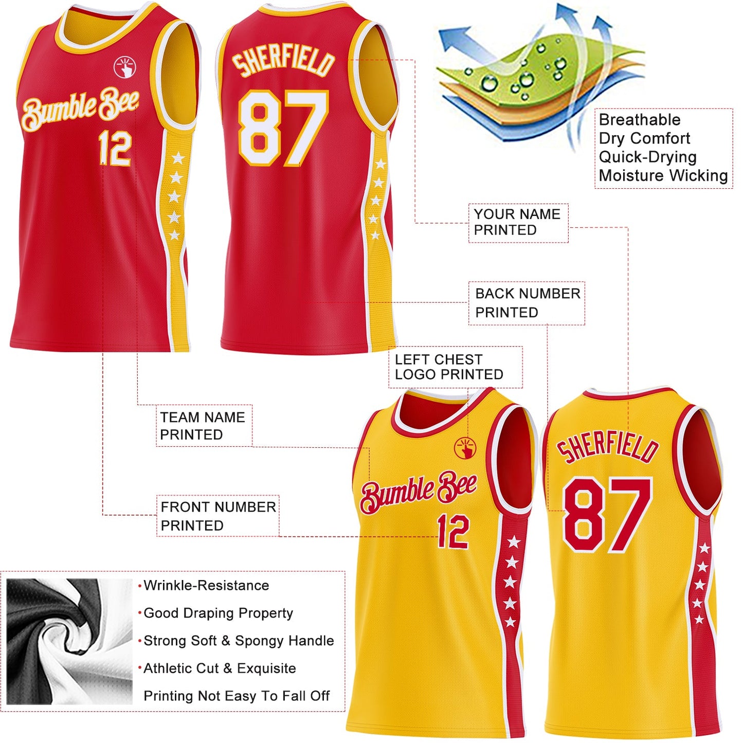 Custom Reversible Red White-Gold Double Side Star Sublimation Basketball Set Jersey view 5