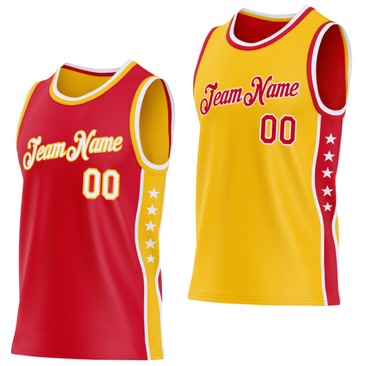 Custom Reversible Red White-Gold Double Side Star Sublimation Basketball Set Jersey - Main View