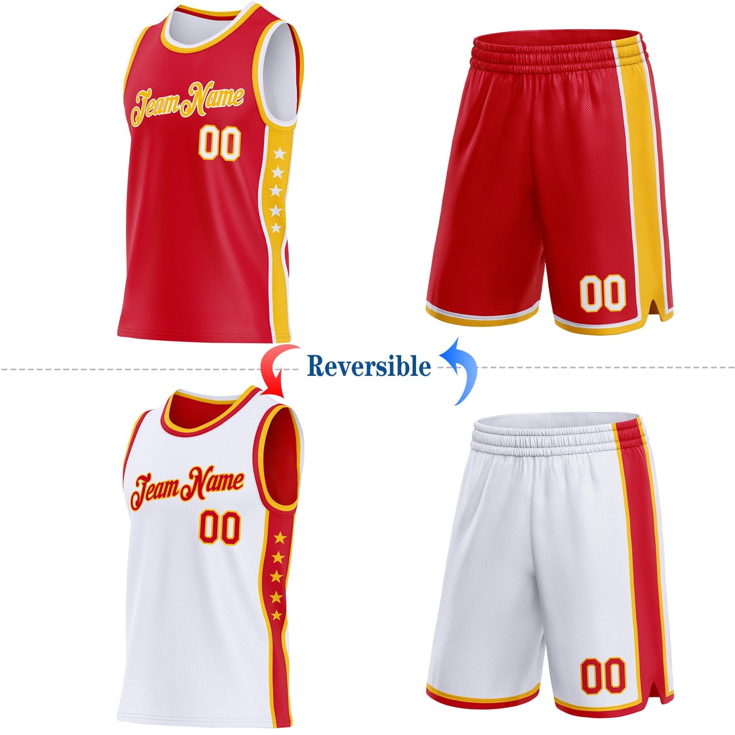 Custom Reversible Red White-Gold Double Side Star Sublimation Basketball Set Jersey view 2