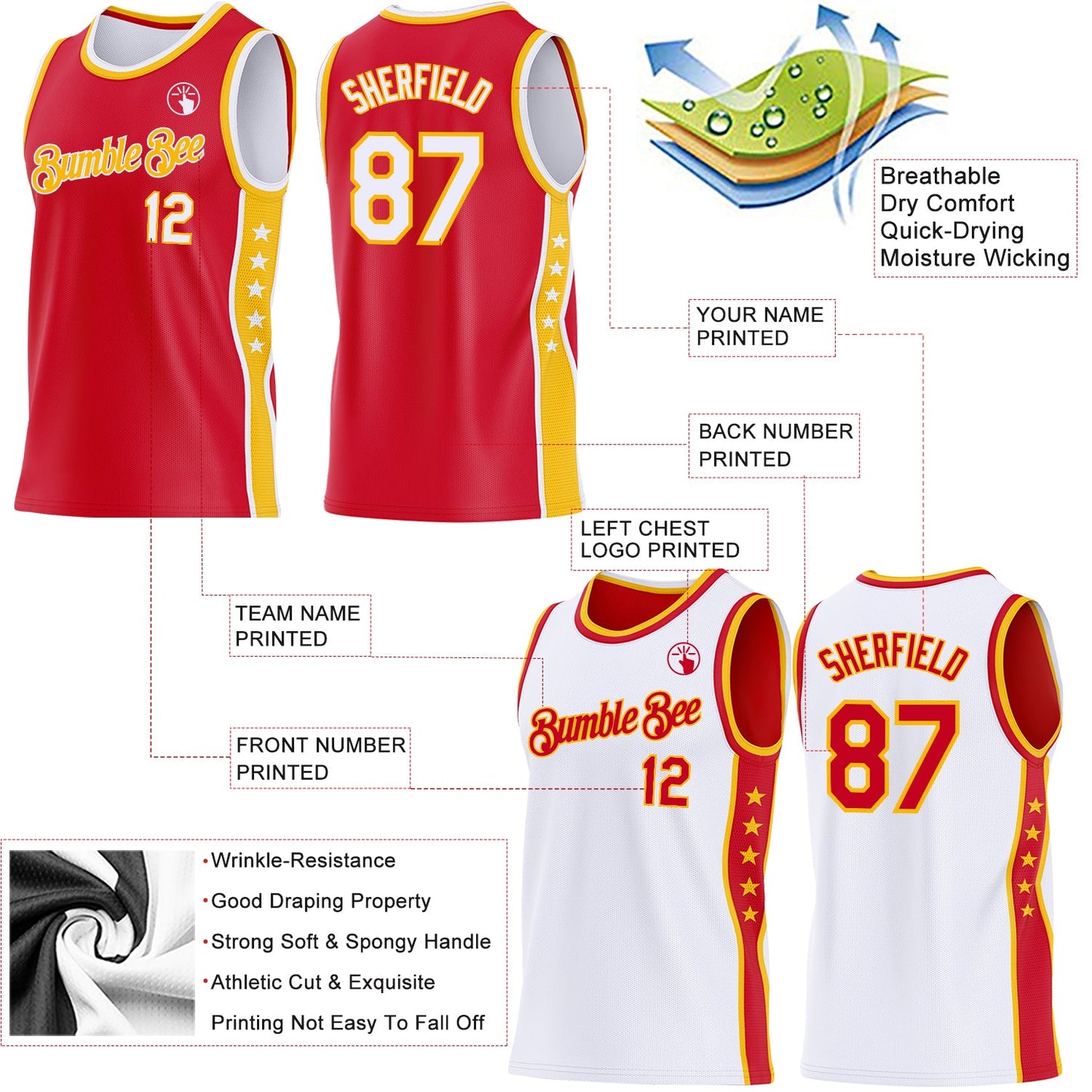 Custom Reversible Red White-Gold Double Side Star Sublimation Basketball Set Jersey view 5