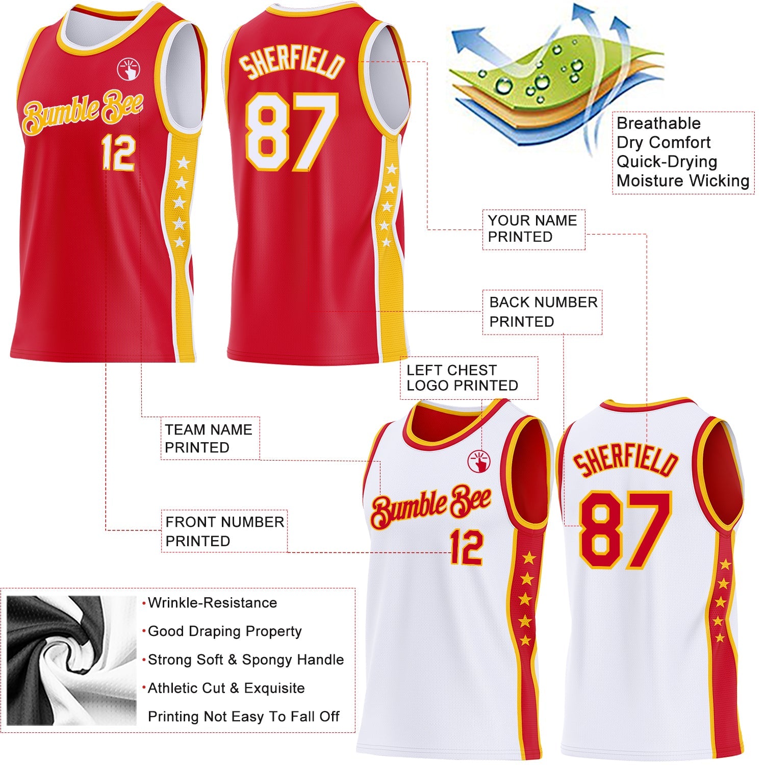 Custom Reversible Red White-Gold Double Side Star Sublimation Basketball Set Jersey view 5