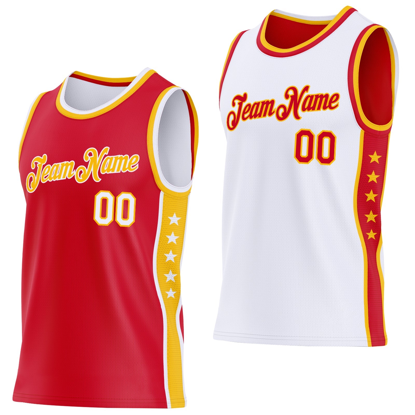 Custom Reversible Red White-Gold Double Side Star Sublimation Basketball Set Jersey - Main View