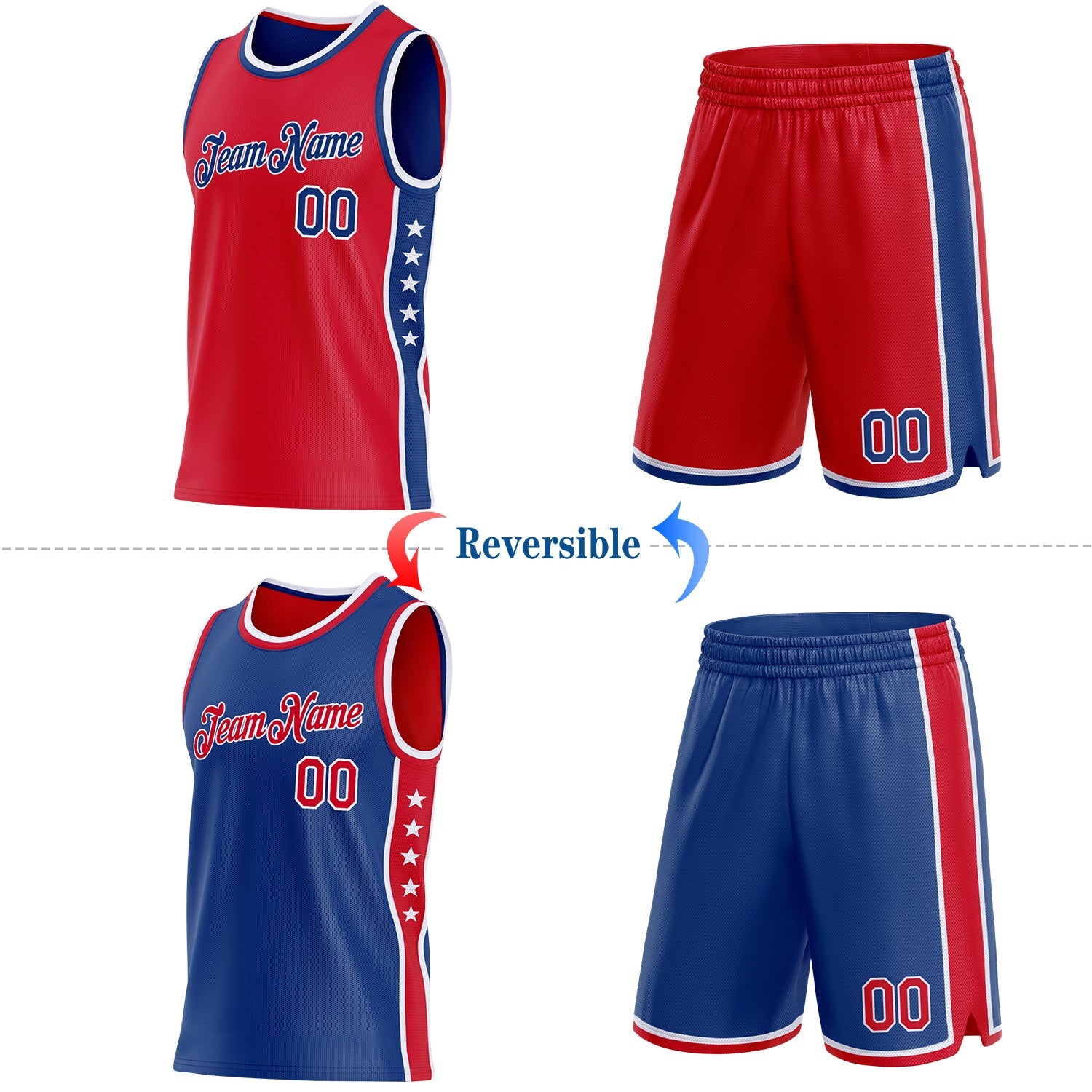 Custom Reversible Red Royal-White Double Side Star Sublimation Basketball Set Jersey view 2
