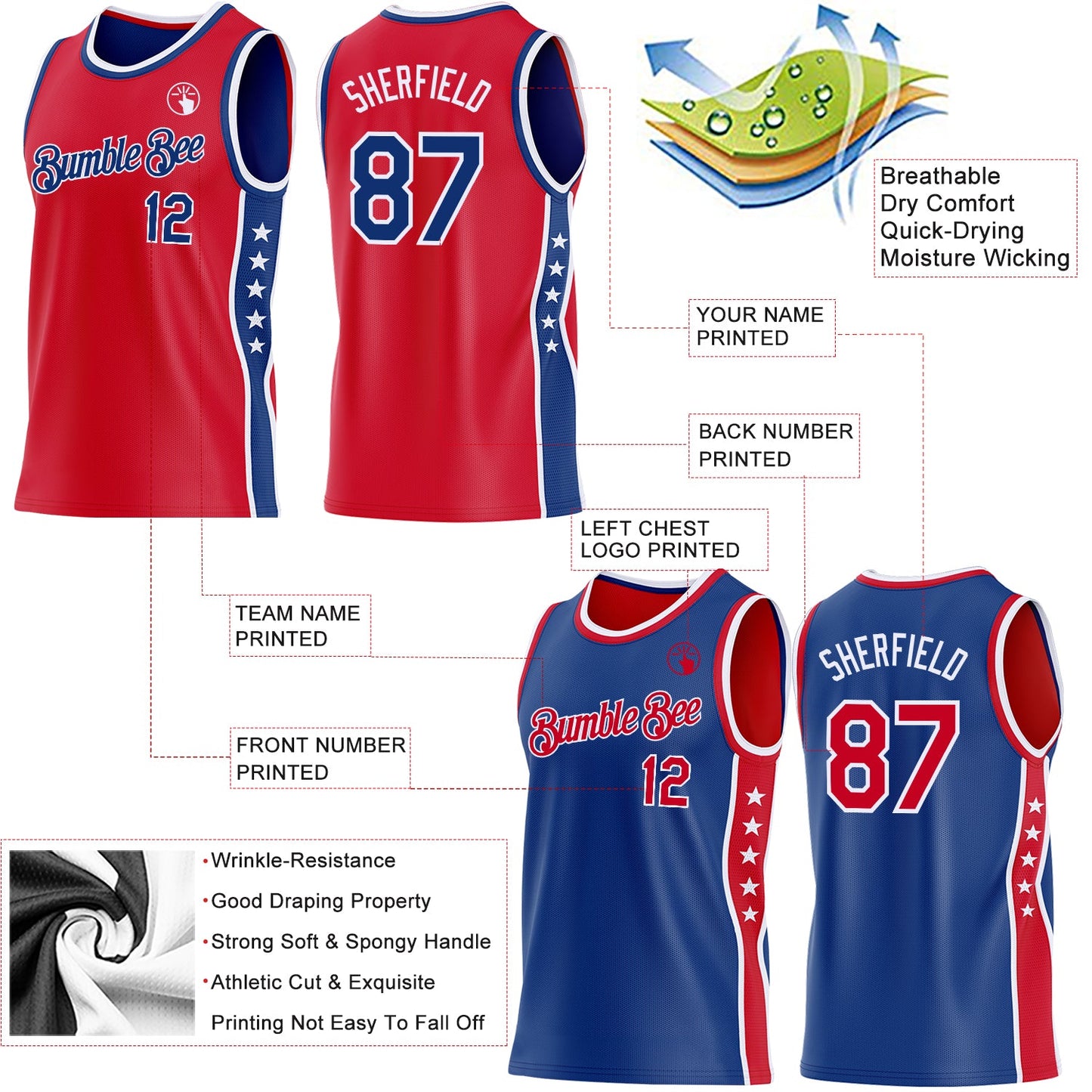 Custom Reversible Red Royal-White Double Side Star Sublimation Basketball Set Jersey view 5