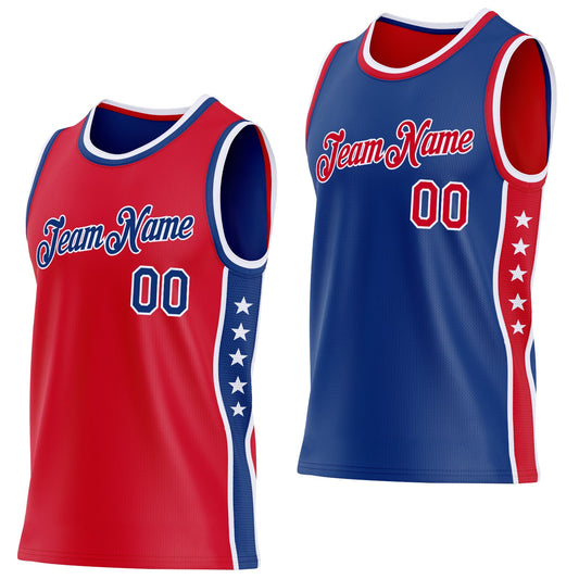 Custom Reversible Red Royal-White Double Side Star Sublimation Basketball Set Jersey - Main View