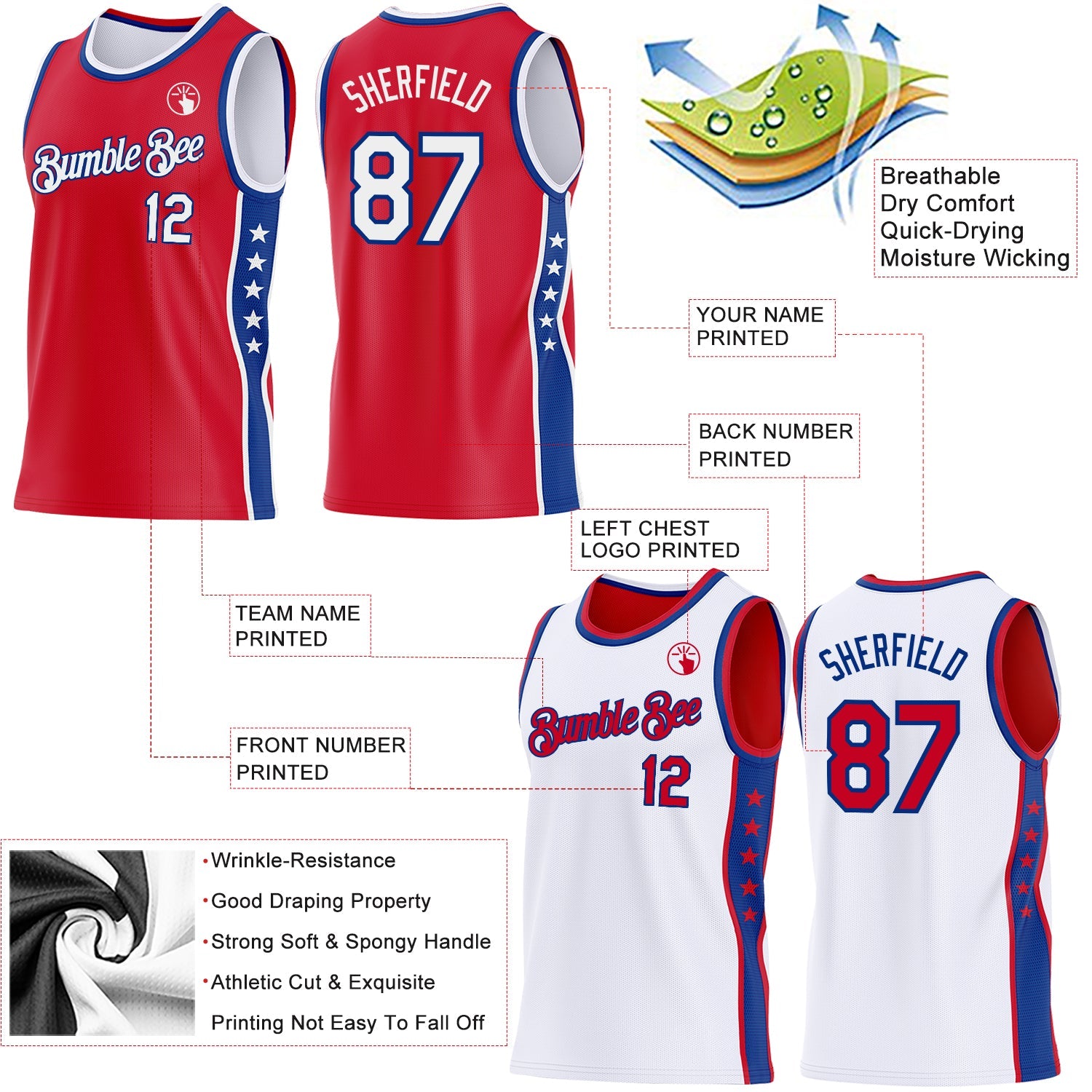 Custom Reversible Red White-Royal Double Side Star Sublimation Basketball Set Jersey view 5