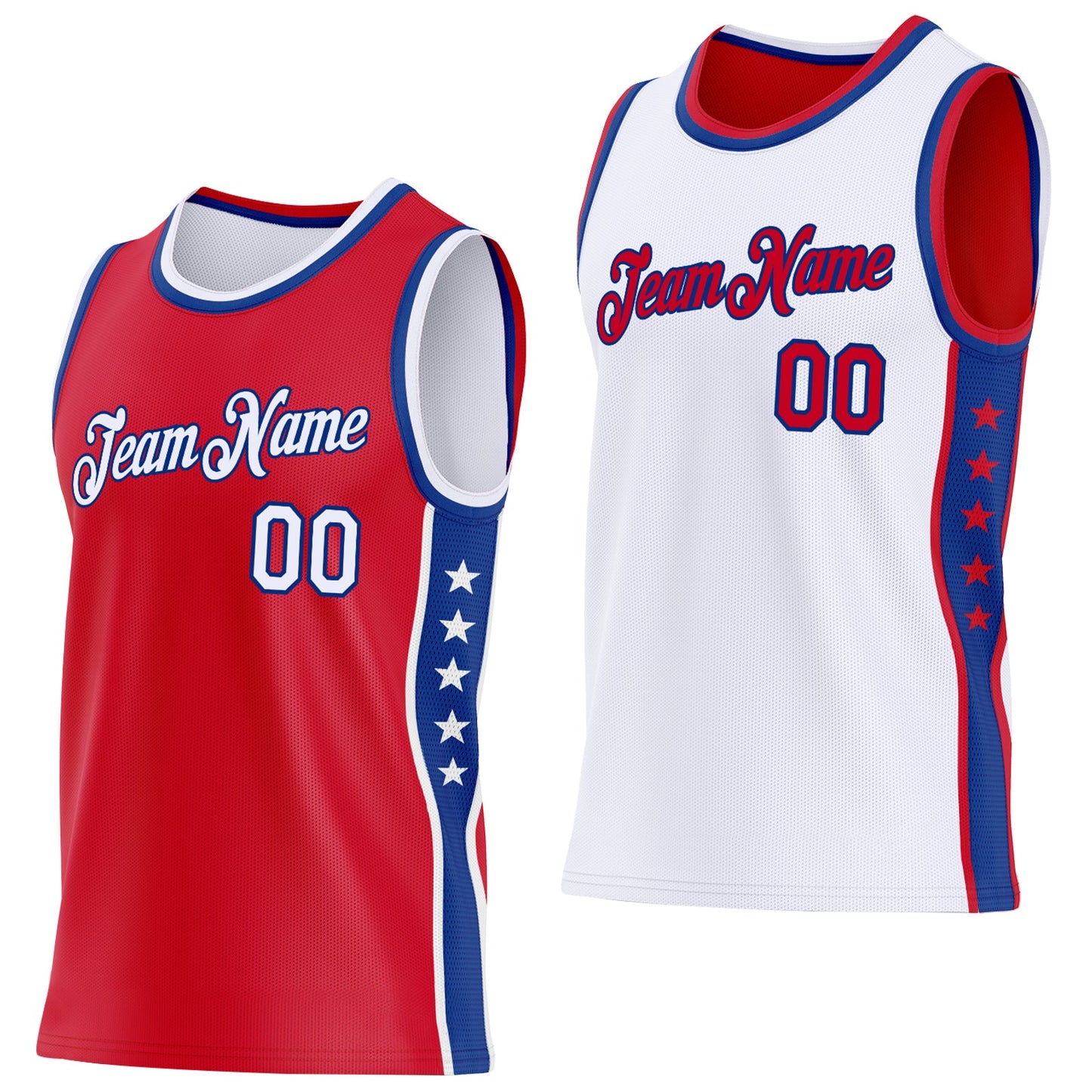 Custom Reversible Red White-Royal Double Side Star Sublimation Basketball Set Jersey - Main View