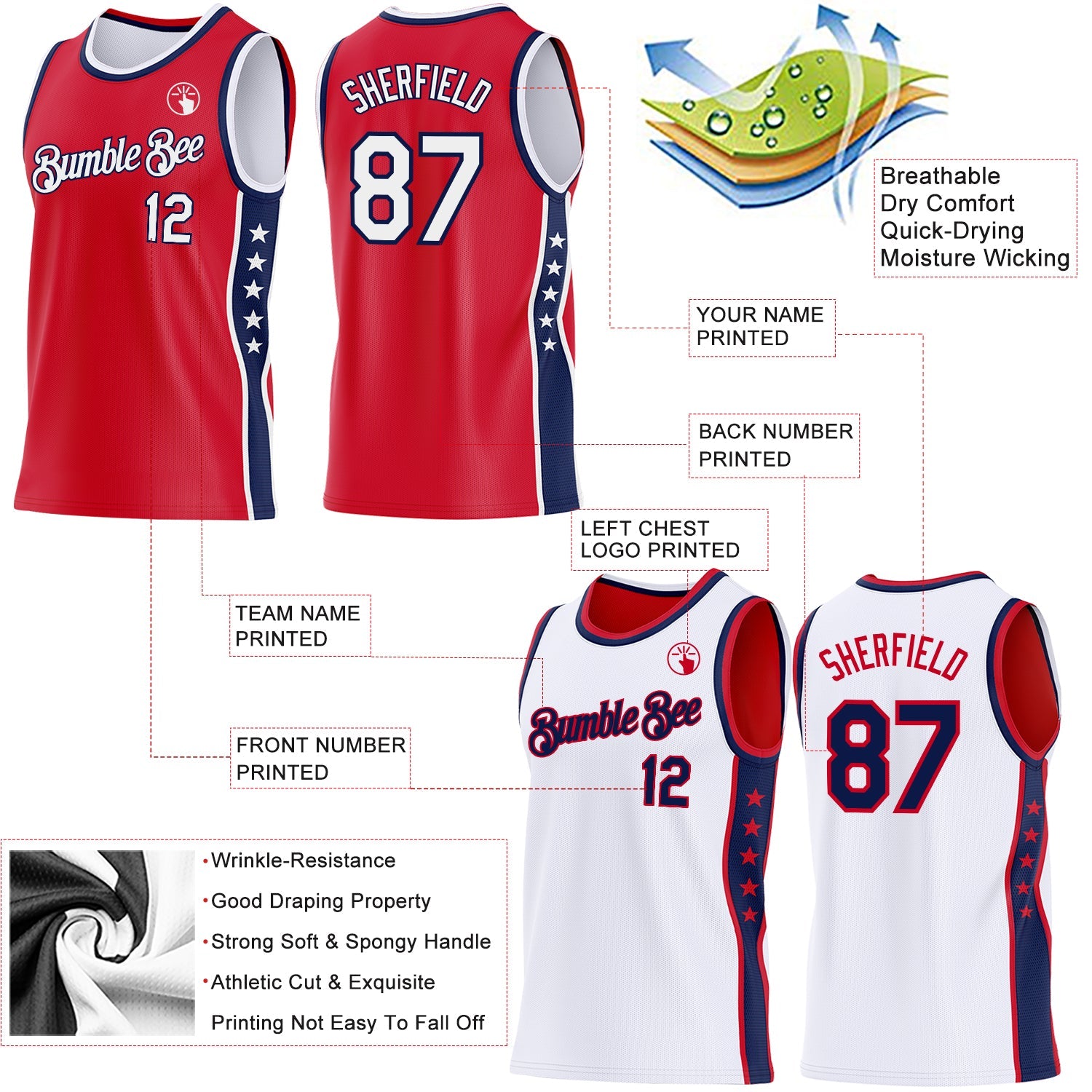 Custom Reversible Red White-Navy Double Side Star Sublimation Basketball Set Jersey view 5