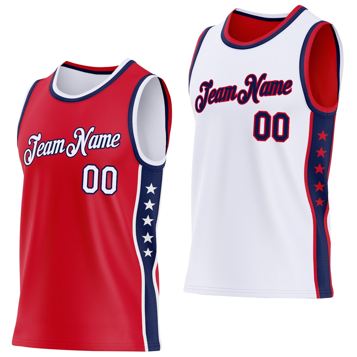 Custom Reversible Red White-Navy Double Side Star Sublimation Basketball Set Jersey - Main View