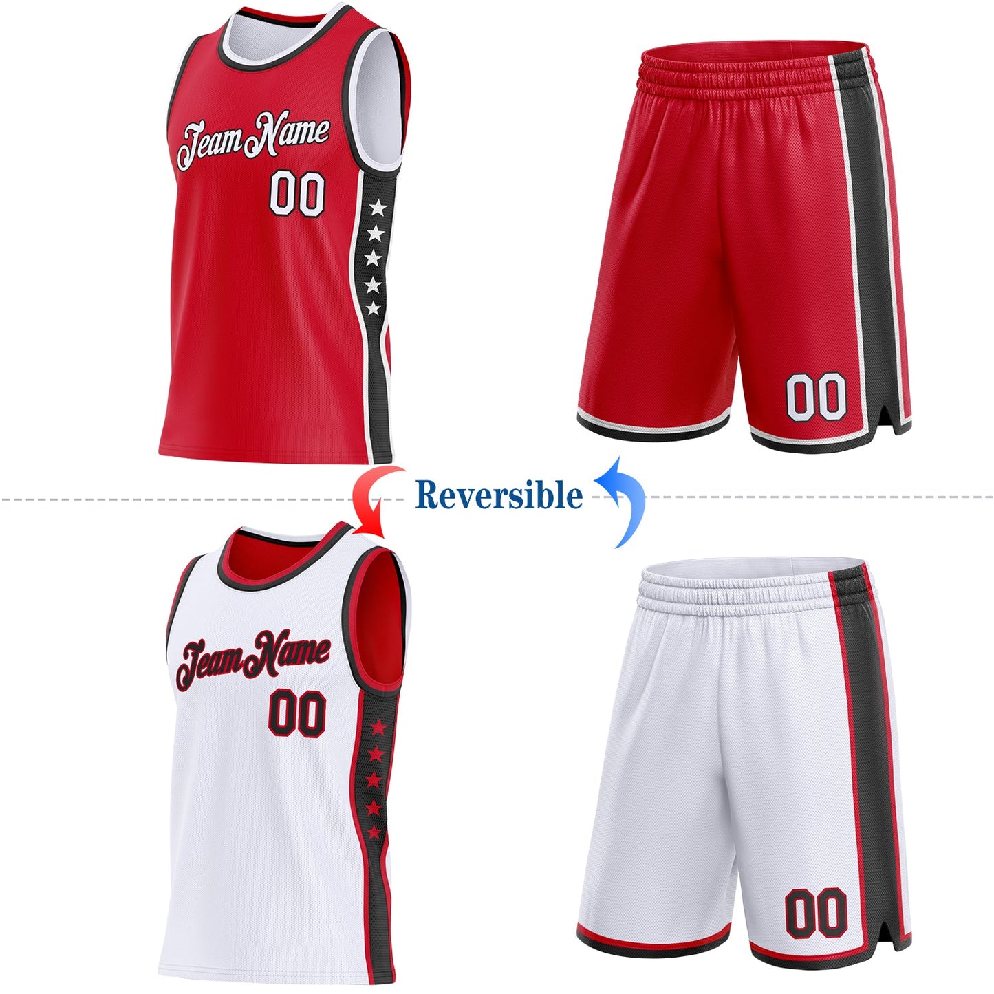 Custom Reversible Red White-Black Double Side Star Sublimation Basketball Set Jersey view 2