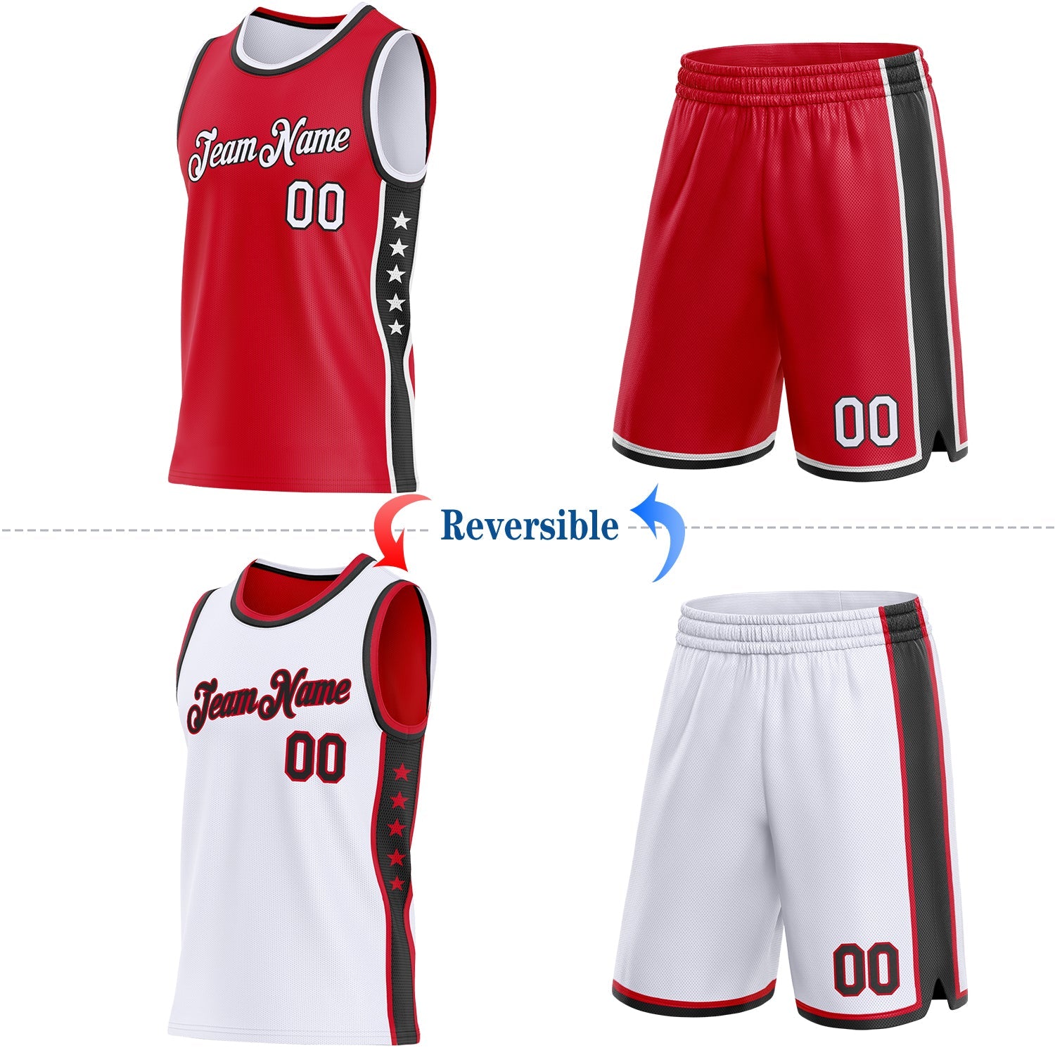Custom Reversible Red White-Black Double Side Star Sublimation Basketball Set Jersey view 2