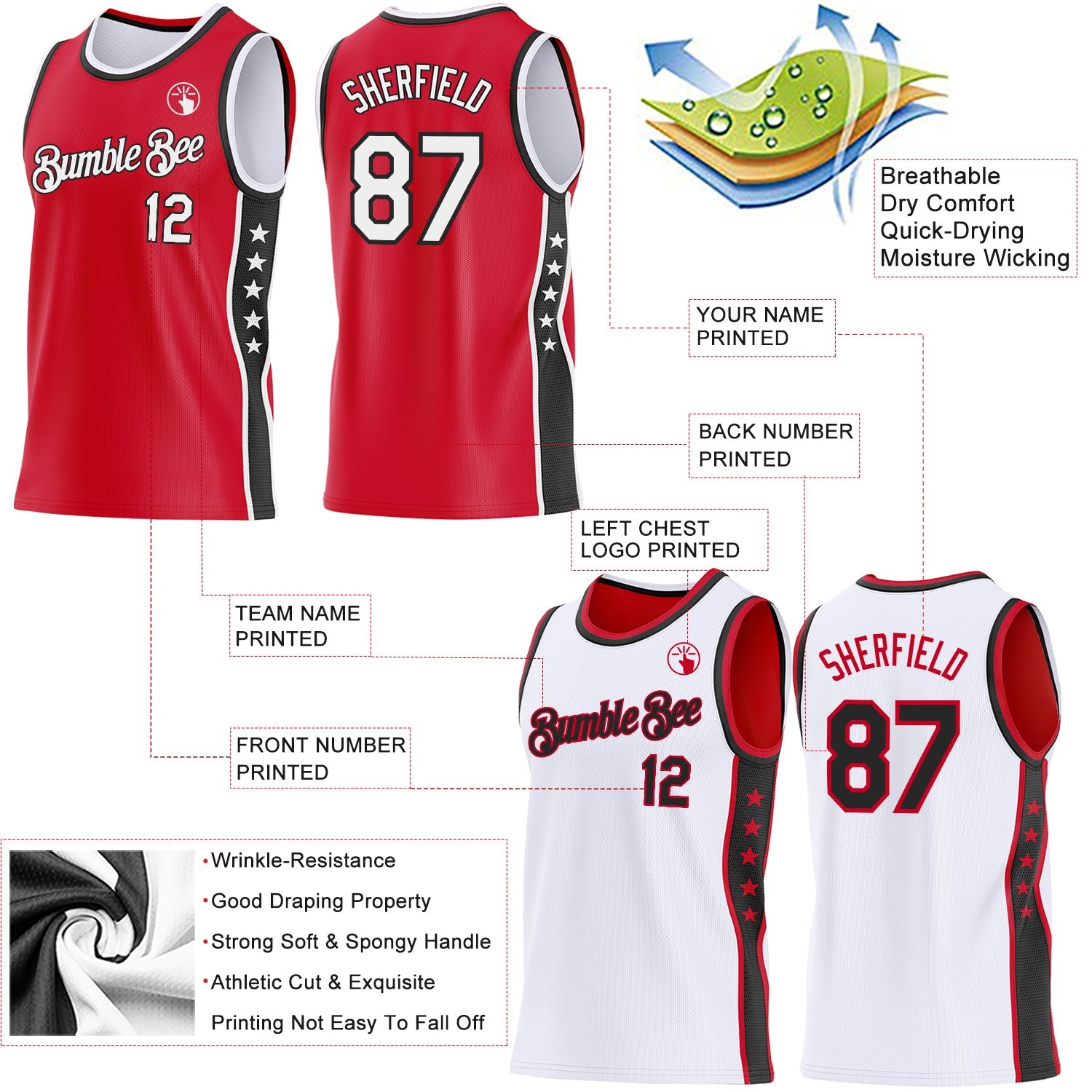 Custom Reversible Red White-Black Double Side Star Sublimation Basketball Set Jersey view 5