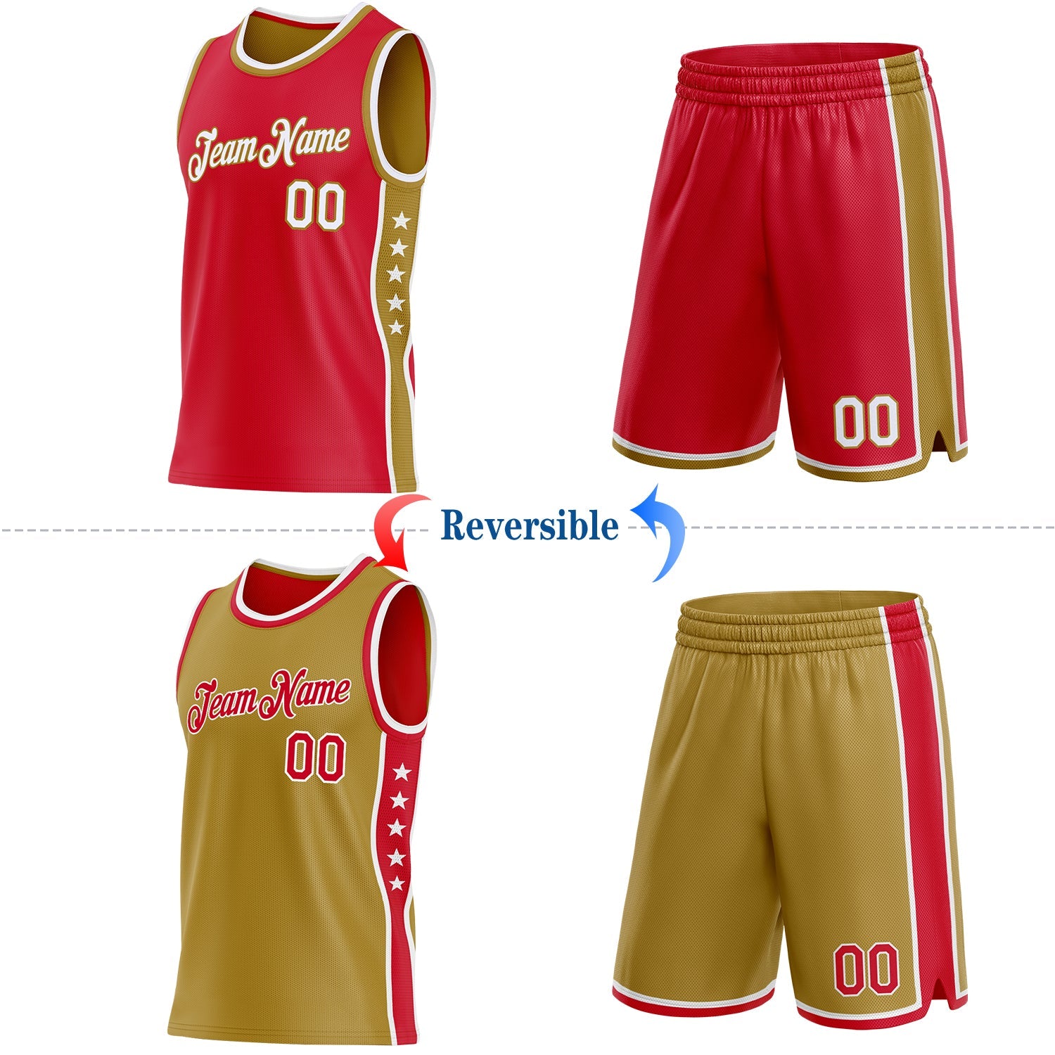 Custom Reversible Red White-Old Gold Double Side Star Sublimation Basketball Set Jersey view 2