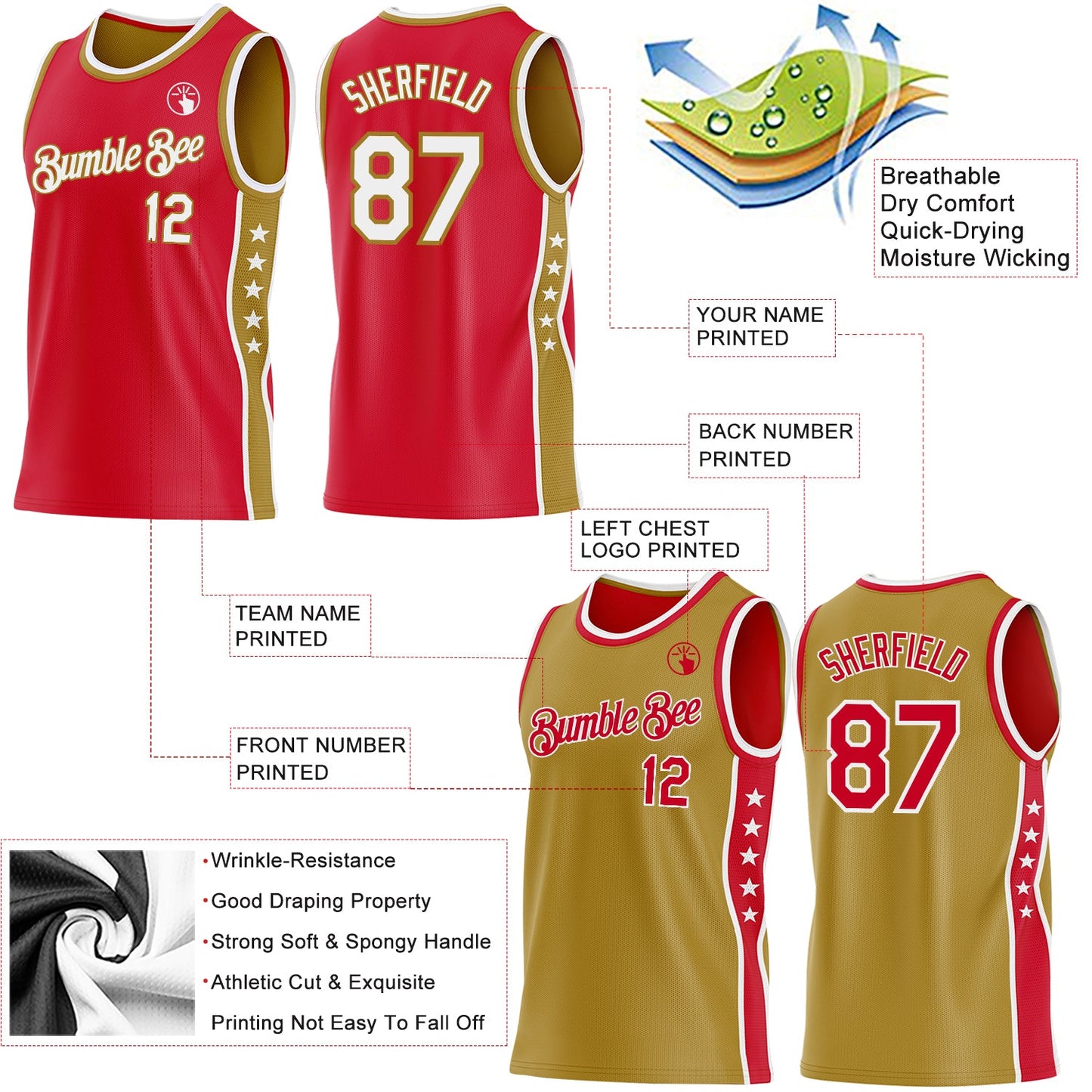 Custom Reversible Red White-Old Gold Double Side Star Sublimation Basketball Set Jersey view 5