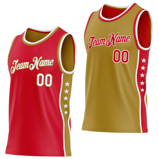 Custom Reversible Red White-Old Gold Double Side Star Sublimation Basketball Set Jersey - Main View