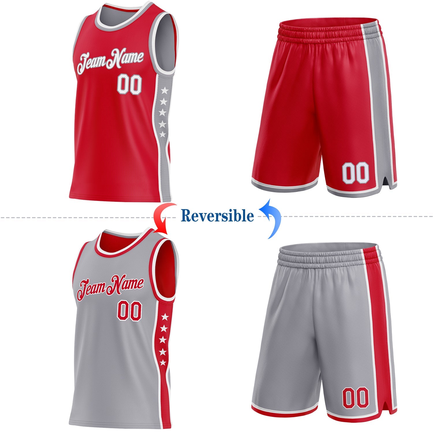 Custom Reversible Red White-Gray Double Side Star Sublimation Basketball Set Jersey view 2