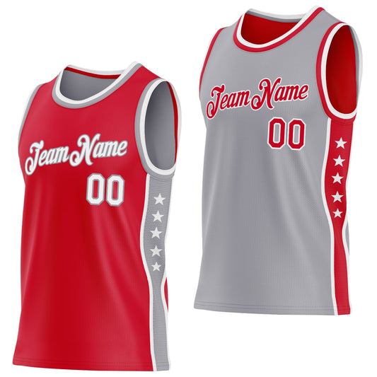 Custom Reversible Red White-Gray Double Side Star Sublimation Basketball Set Jersey - Main View