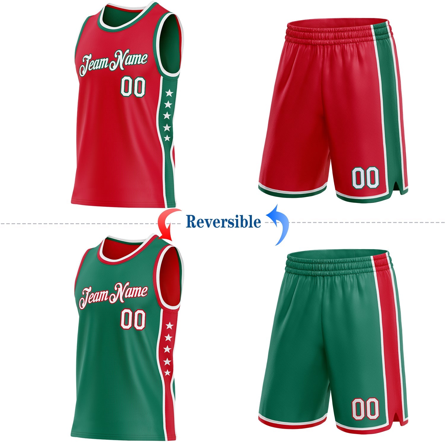 Custom Reversible Red White-Kelly Green Double Side Star Sublimation Basketball Set Jersey view 2