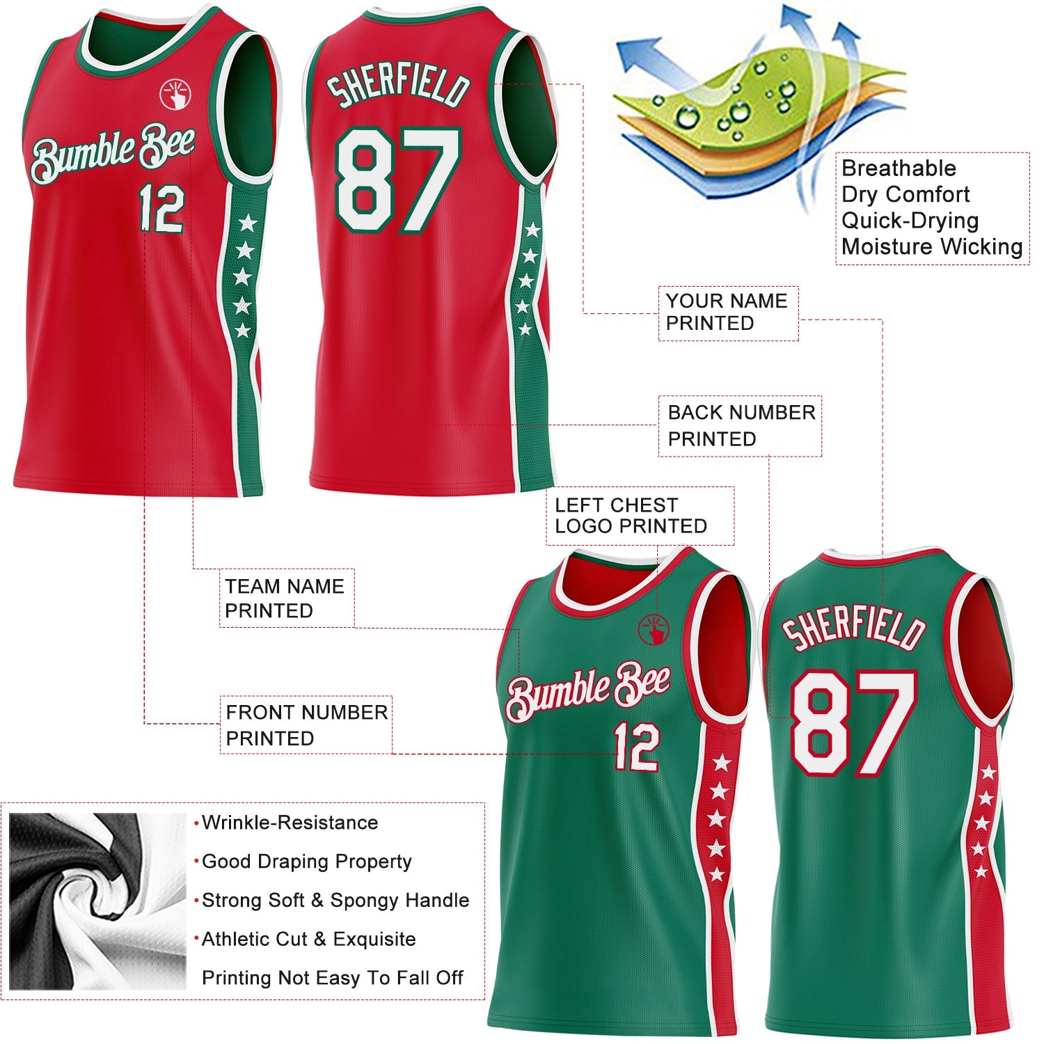 Custom Reversible Red White-Kelly Green Double Side Star Sublimation Basketball Set Jersey view 5