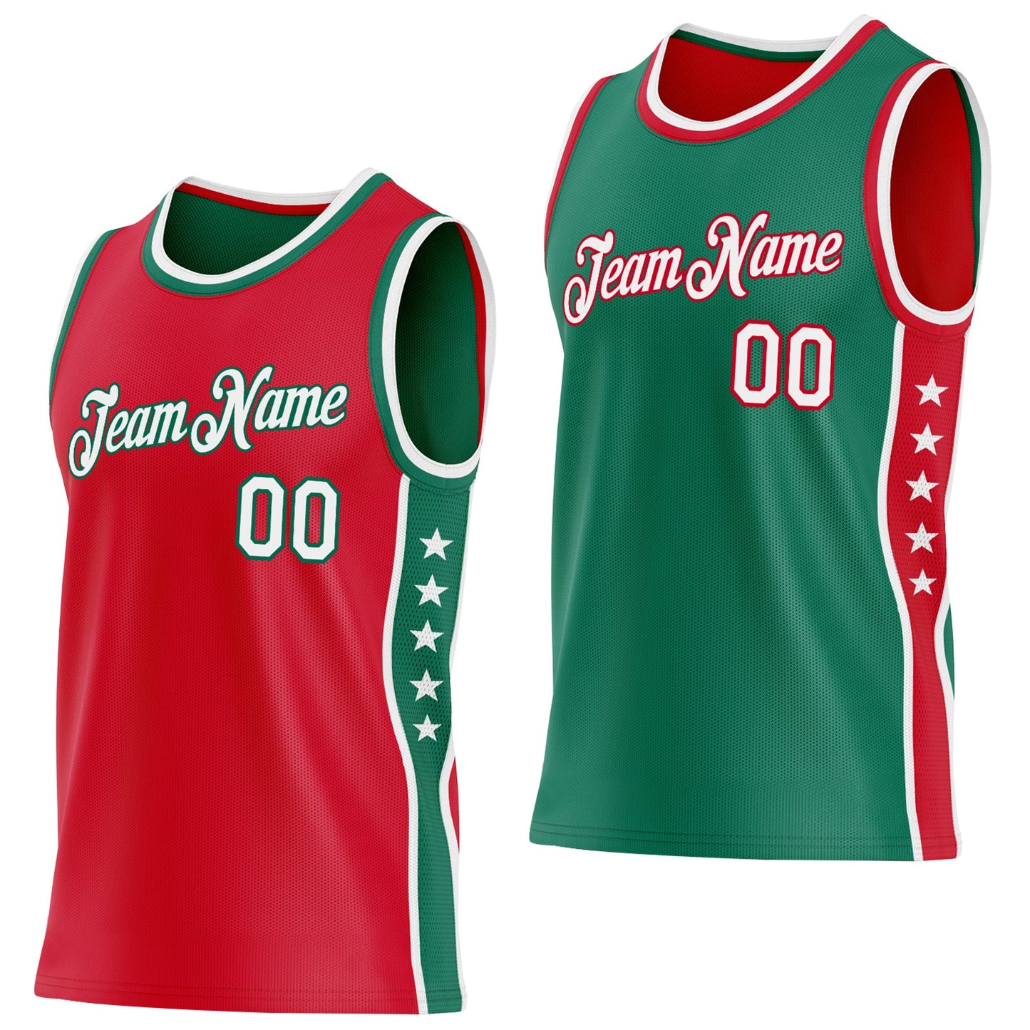 Custom Reversible Red White-Kelly Green Double Side Star Sublimation Basketball Set Jersey - Main View