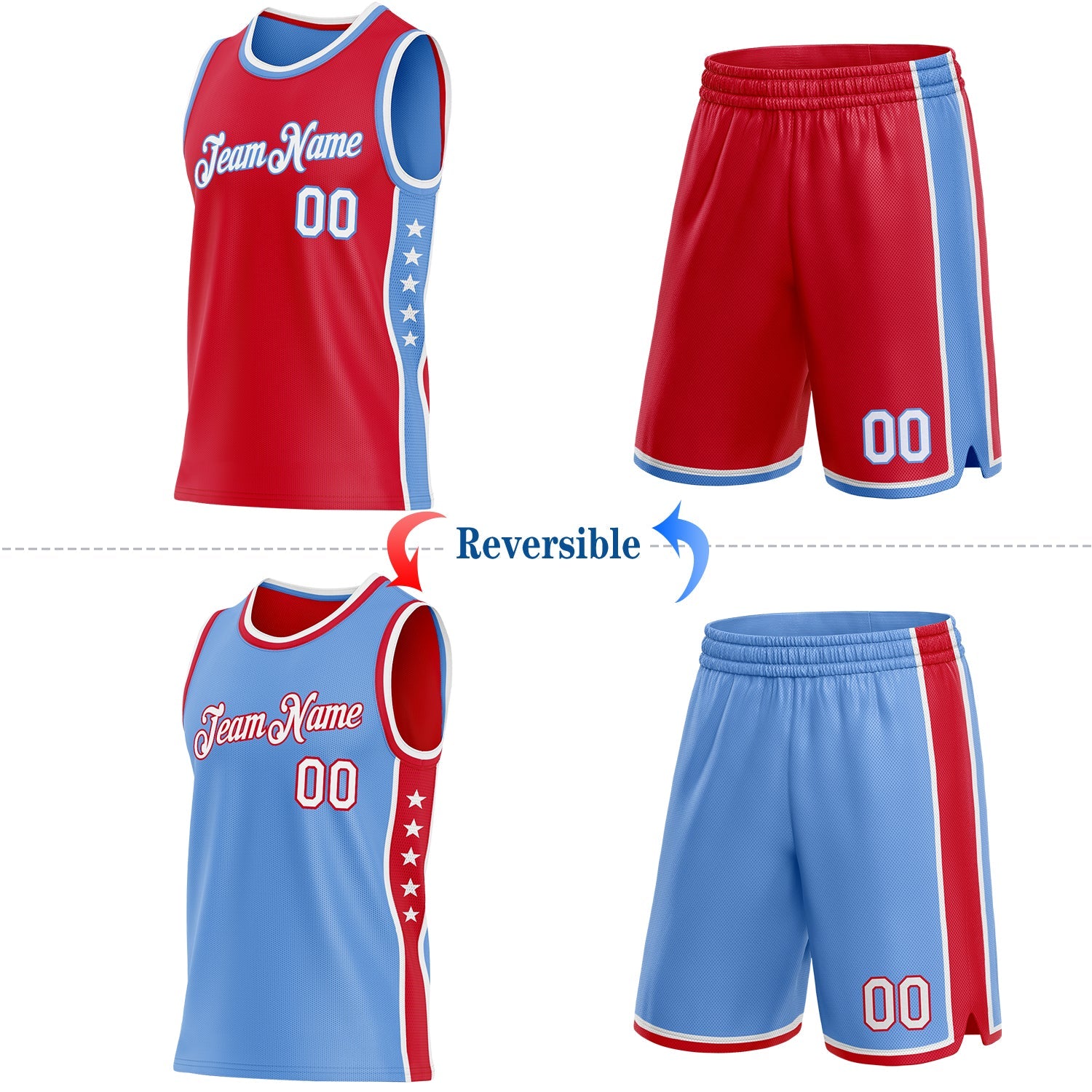 Custom Reversible Red White-Lakes Blue Double Side Star Sublimation Basketball Set Jersey view 2