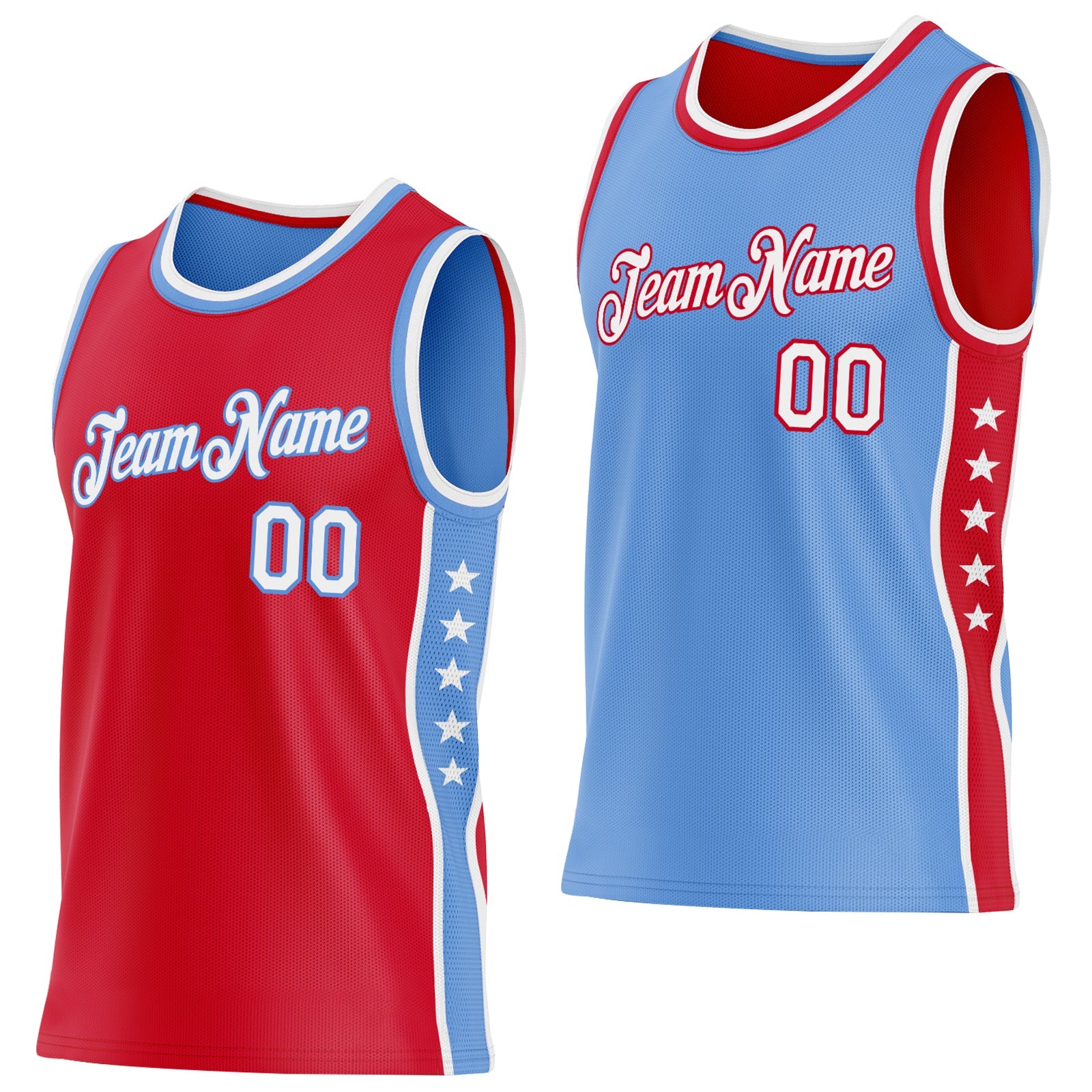 Custom Reversible Red White-Lakes Blue Double Side Star Sublimation Basketball Set Jersey - Main View