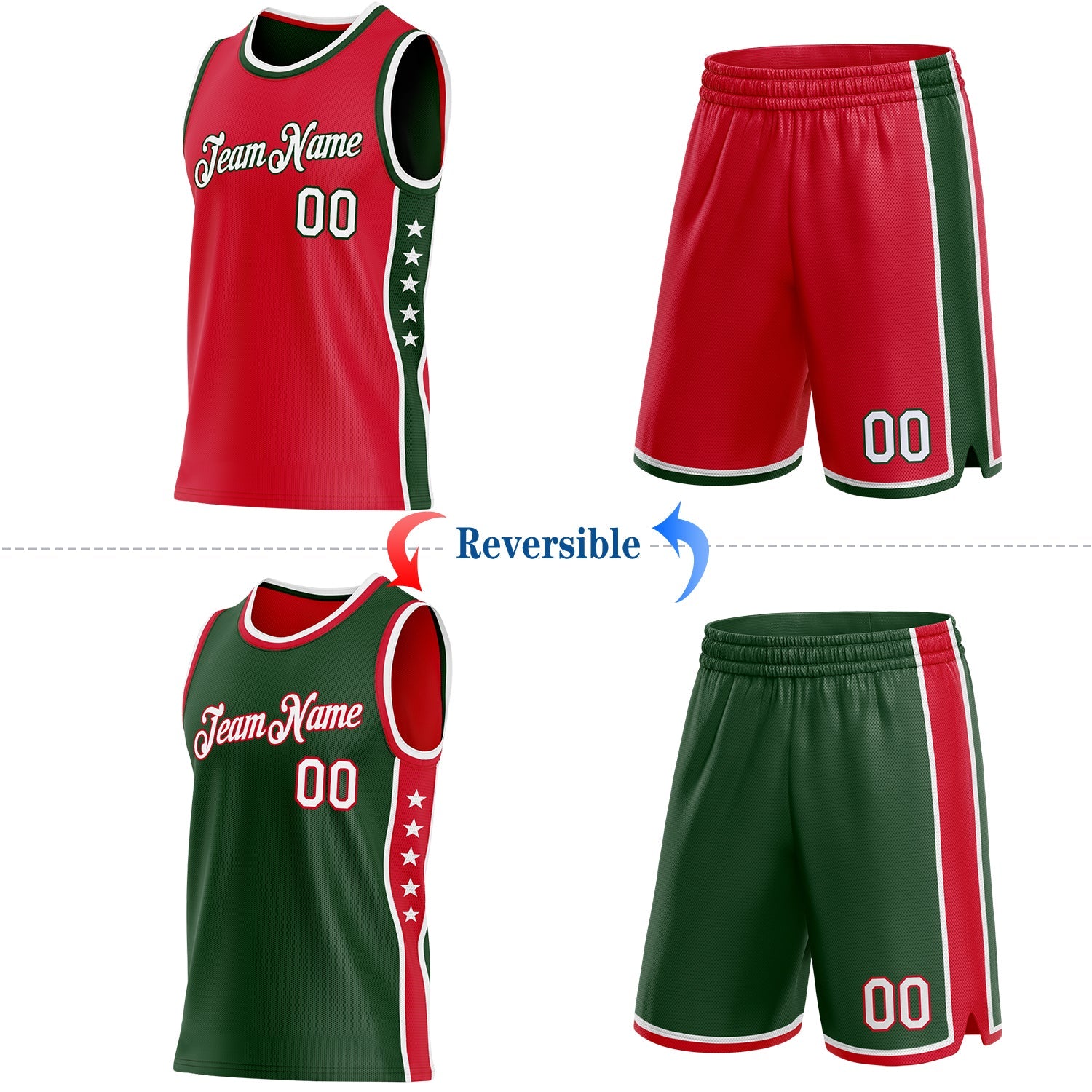 Custom Reversible Red White-Green Double Side Star Sublimation Basketball Set Jersey view 2
