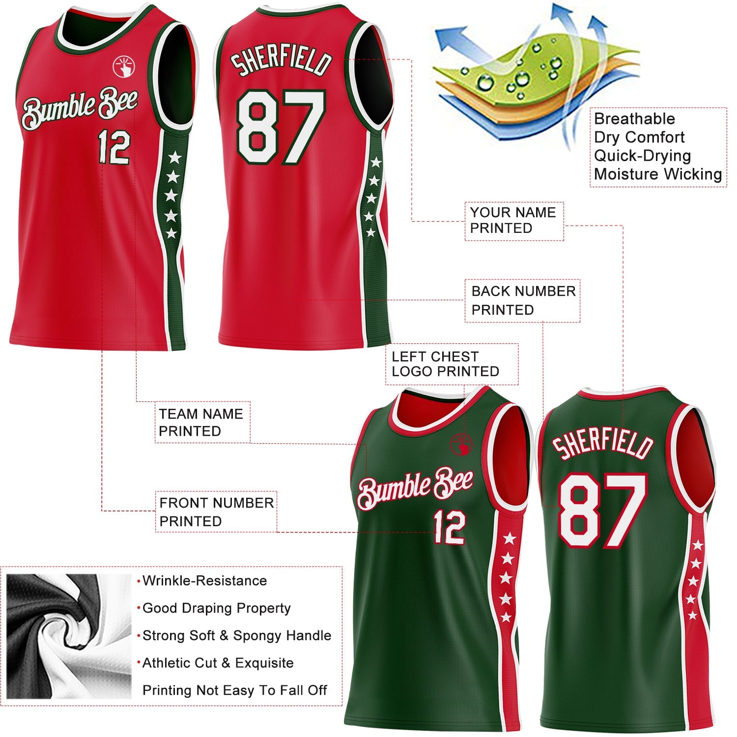 Custom Reversible Red White-Green Double Side Star Sublimation Basketball Set Jersey view 5