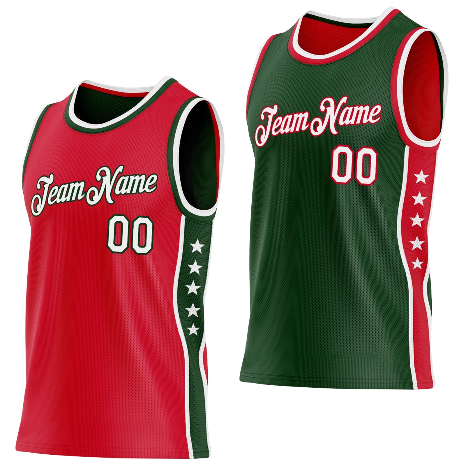 Custom Reversible Red White-Green Double Side Star Sublimation Basketball Set Jersey - Main View
