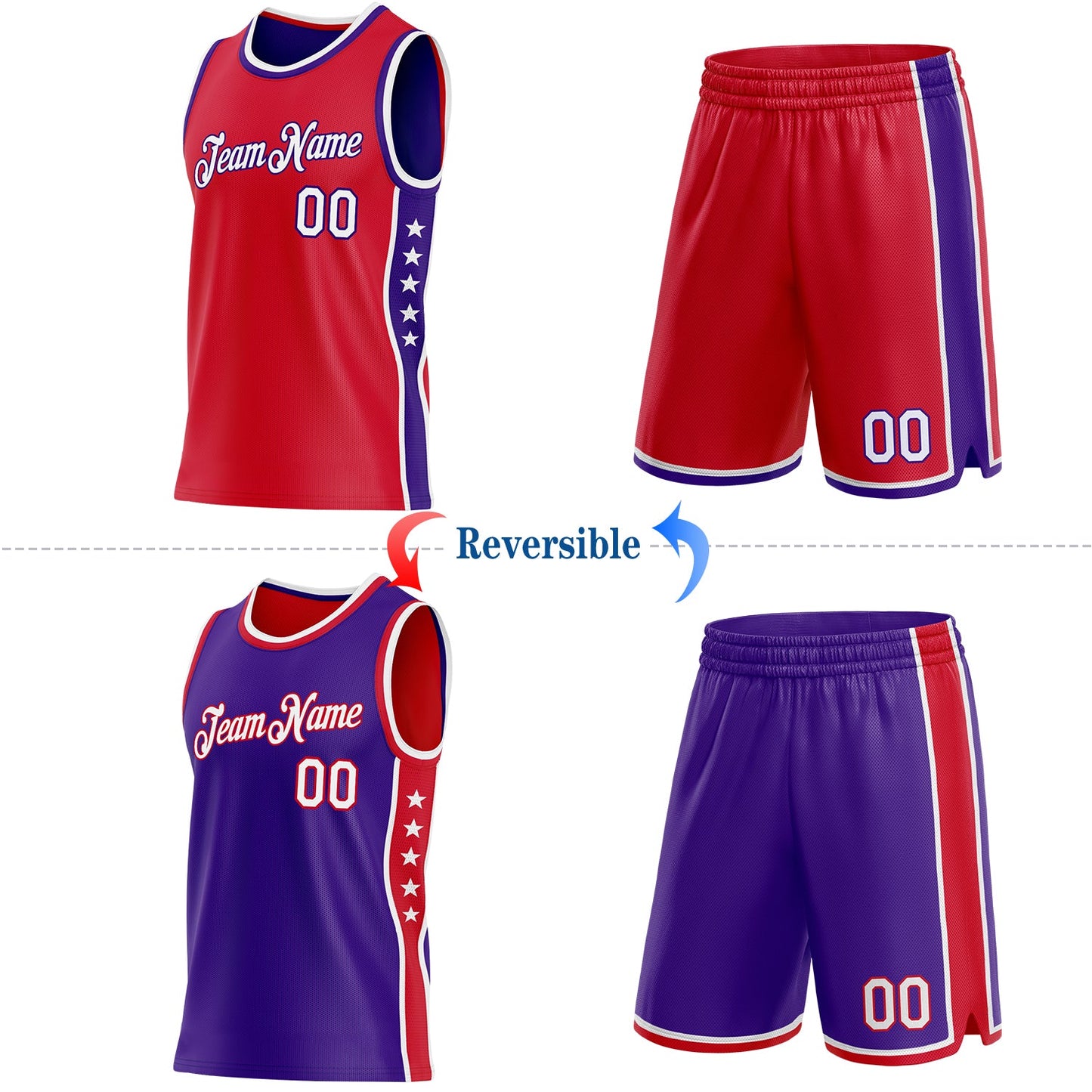 Custom Reversible Red White-Purple Double Side Star Sublimation Basketball Set Jersey view 2