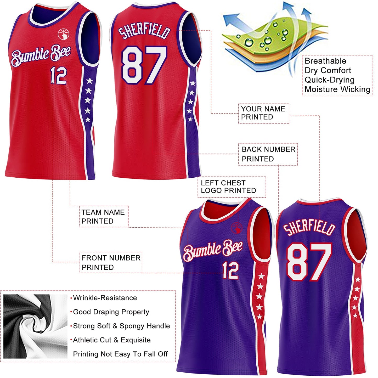 Custom Reversible Red White-Purple Double Side Star Sublimation Basketball Set Jersey view 5