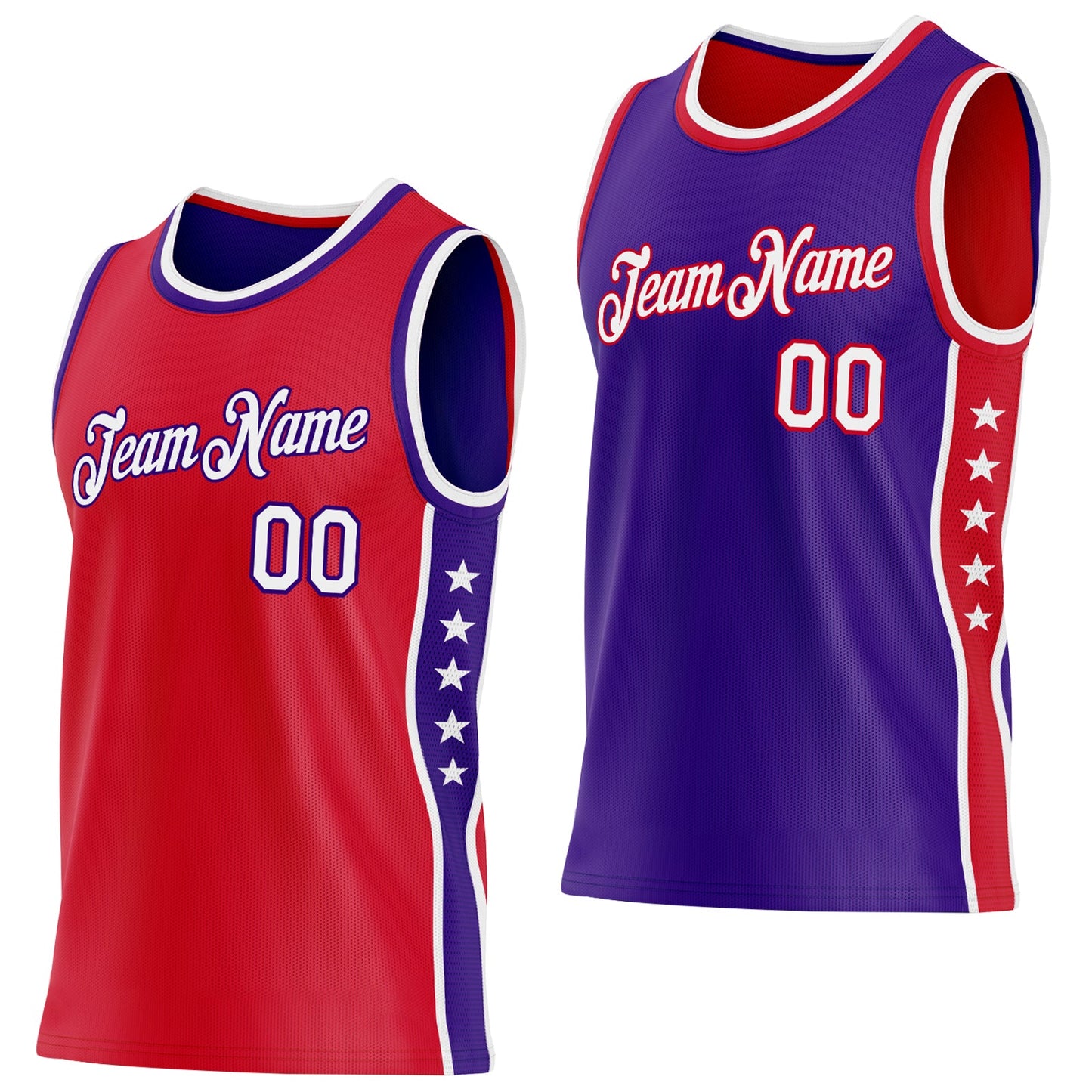 Custom Reversible Red White-Purple Double Side Star Sublimation Basketball Set Jersey - Main View