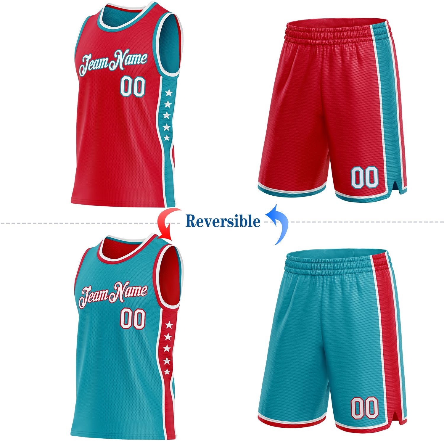Custom Reversible Red White-Teal Double Side Star Sublimation Basketball Set Jersey view 2