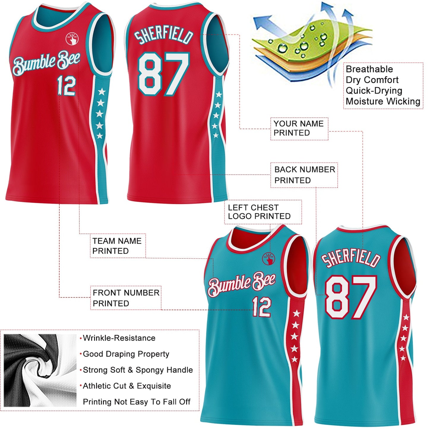 Custom Reversible Red White-Teal Double Side Star Sublimation Basketball Set Jersey view 5
