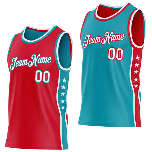 Custom Reversible Red White-Teal Double Side Star Sublimation Basketball Set Jersey - Main View